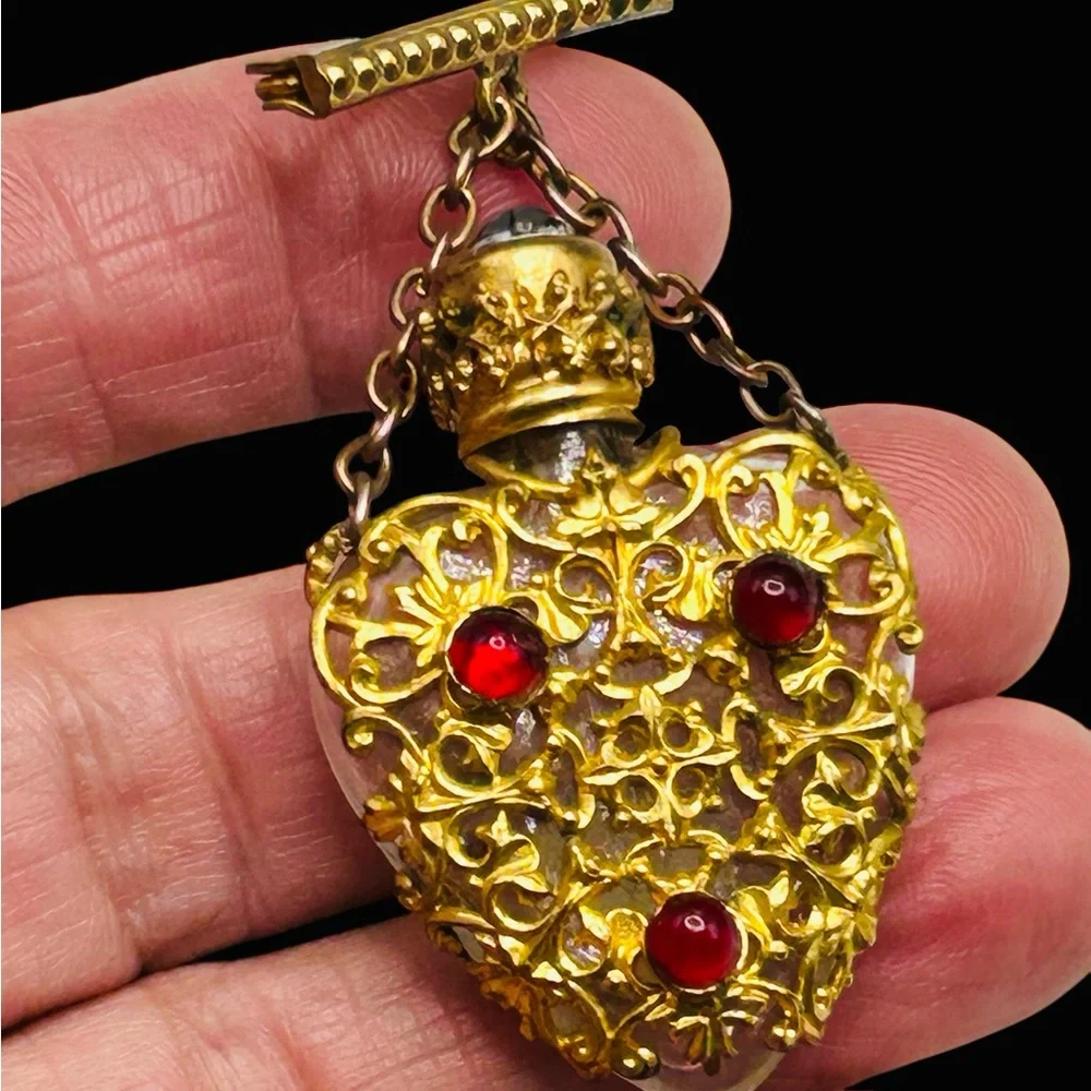Vintage French Miniature Perfume Bottle Brooch Gold Gilt Ormolu